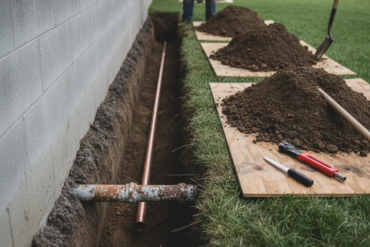 Excavated water line trench during Water Softener Installation in Bolton